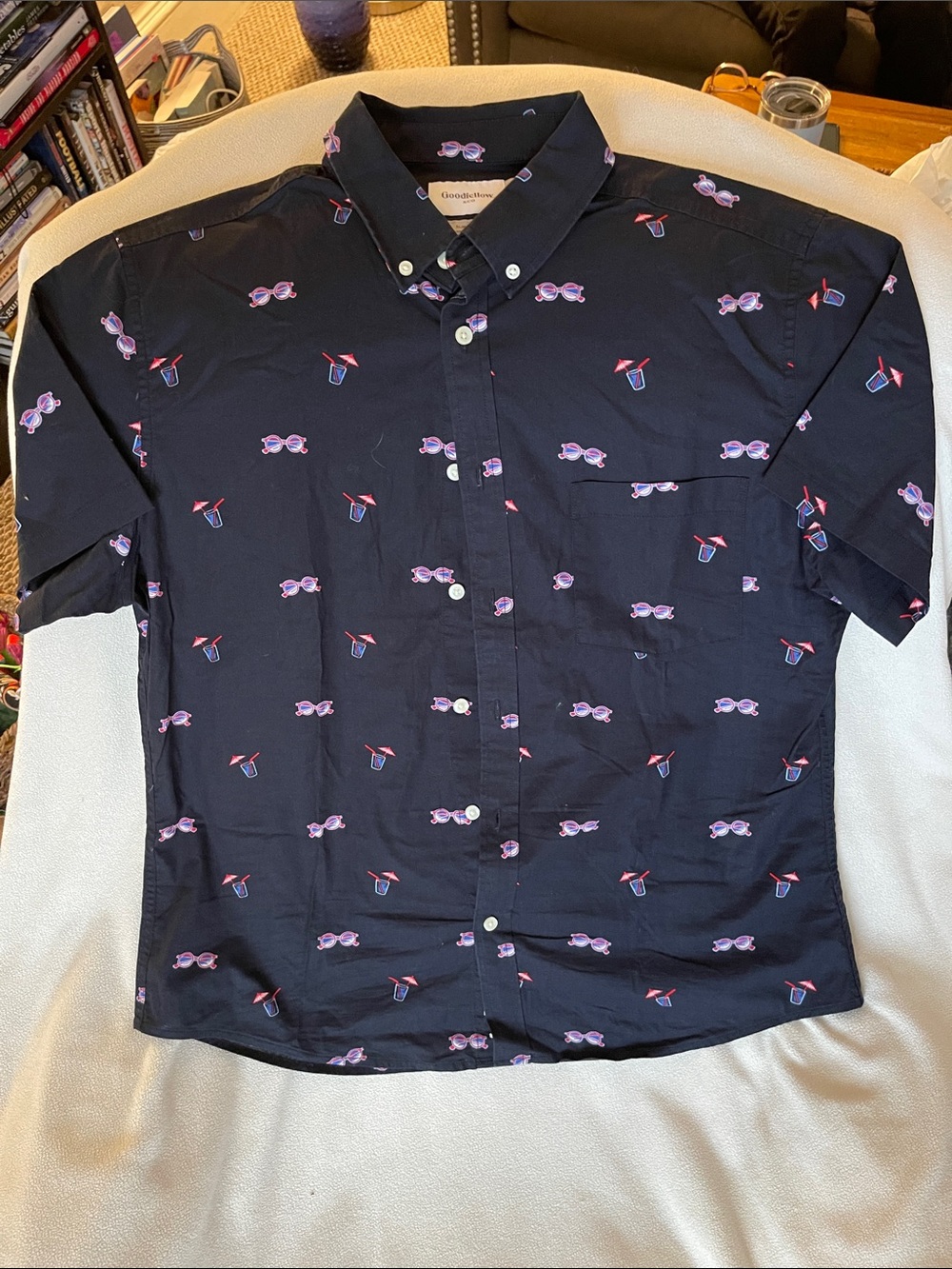 Large Goodfellow Men's Navy Short-Sleeve Button-Down Shirt with sunglasses print